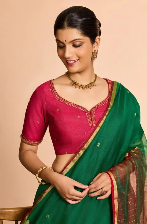 Rani Pink Traditional Silk Blouse – Rani Pink & Green